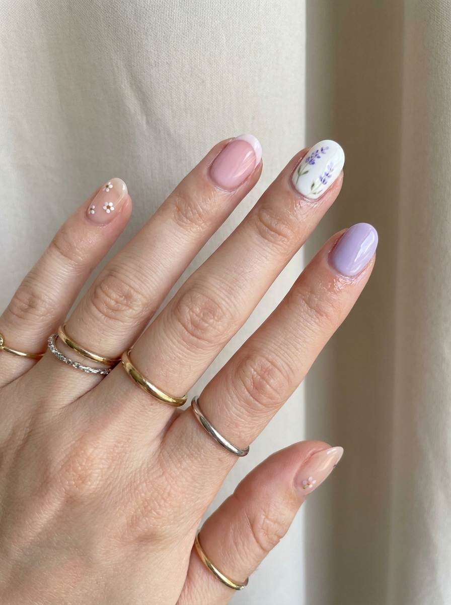 Mix-and-Match Blumennägel mit French Tips, Blüten und Akzentnägeln